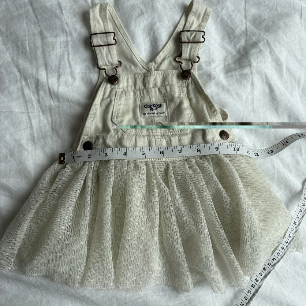 OshKosh Bgosh Kids Off White Denim Tulle Polka Dot Overall Dress Cottagecore